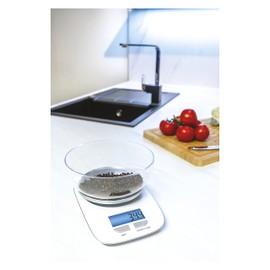 EMOS digitale Küchenwaage mit Rührschüssel, Digitalwaage mit beleuchtetem LCD Display, TARA-Funktion, Nahrungsmittelskala/Elektronische Waage mit Präzision bis zu 1g, Tragkraft 5 kg