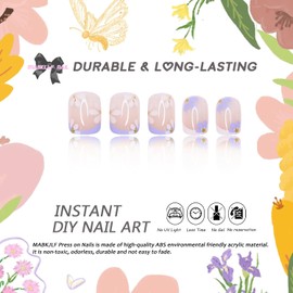 Flower Press on Nails Short Square MABKJLF French Tip Fake Nails Cute Nails Floral False Nails with Designs Blue & White Glossy Glue on Nails Spring Summer Stick on Nails for Women Girls 24 Pcs