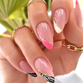 Almond Press on Nails Medium Fake Nails with Glitter Sequin Swirl Design French Tip Glossy False Nails with Glue Full Cover Acrylic Nails - 24pcs