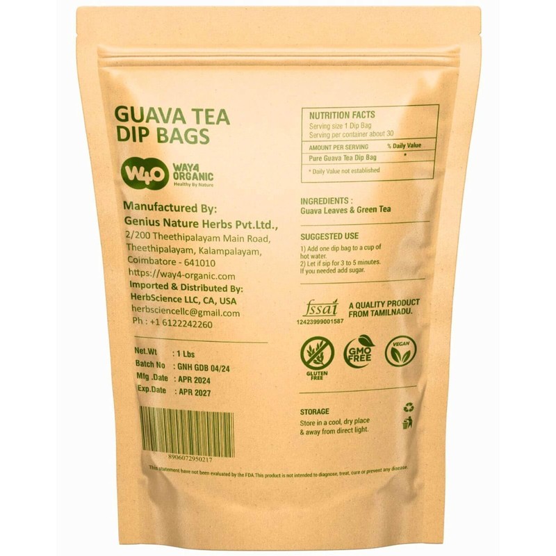 Guava Tea Bags, Dried Tender Leaves Tea, 30 Count, Pleasant
