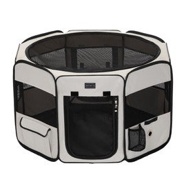 Petsfit Dog Playpen, 36" Sturdy Pop Up Dog Kennel Foldable Dog Pen Indoor Outdoor Puppy Playpen for Medium Dogs Cats with Traveling Bag Zipper Sealed Removable Mesh Top Leakproof Bottom Mat Beige M