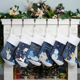 GEX Christmas Stockings 6 Pack Blue Fluffy Embroidery for Family 20" Large Classic Christmas Stocking Cartoon Applique Large Hanging Ornament Decoration Xmas Season (Set of 6)