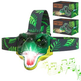 Skywin Dinosaur Headlamp for Kids, 2 Pack Kids Deadlamps for Camping 2.8 x 2.9 x 2.7 Inches, Squeeze Mouth to Switch, Roaring Sound with Adjustable Strap Kids Camping Hunting Gear, Kids Flashlights