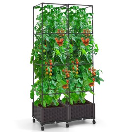 Giantex Set of 2 Raised Garden Bed with Tomato Cages, 67” Adjustable Height, Self Watering Planter Garden Box with Wheels, Trellis for Climbing Plants Vegetable Flower
