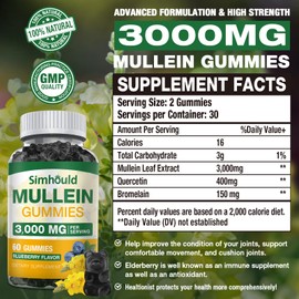 Simhould 2 Pack Sugar Free 3000MG Mullein Gummies - Lung Cleanse, Mullein Leaf Extract Supplement for Respiratory, Organic Mullein Drops with Quercetin & Bromelain for Lung, Digestive Health & Immune
