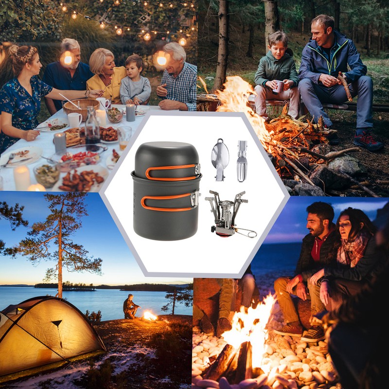 Outdoor Camping Hiking Cookware with Mini Camping Piezoelectric Ignition Stove