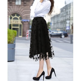 Women's A Line Tulle Midi Skirt Tutu Tiered Petticoat Skirts Tea-Length Elastic Waist Tutu Skirts (Flower Black 2 Layer)