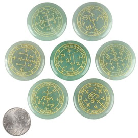 KYEYGWO 7 Piece Green Aventurine Round Healing Crystal Set with Engraved Magic Archangel Symbols, Stone Chakra Plamstone Reiki Healing Stone Pocket Stones Desktop Ornament for Divination