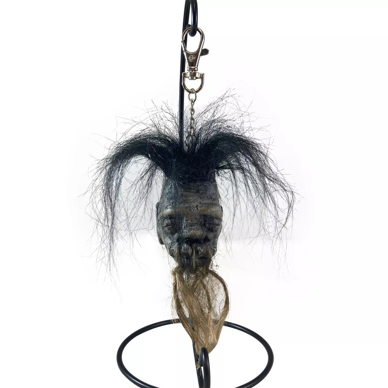 Shrunken Head with Hair Metal Stand Oddity Magic Ritual Voodoo