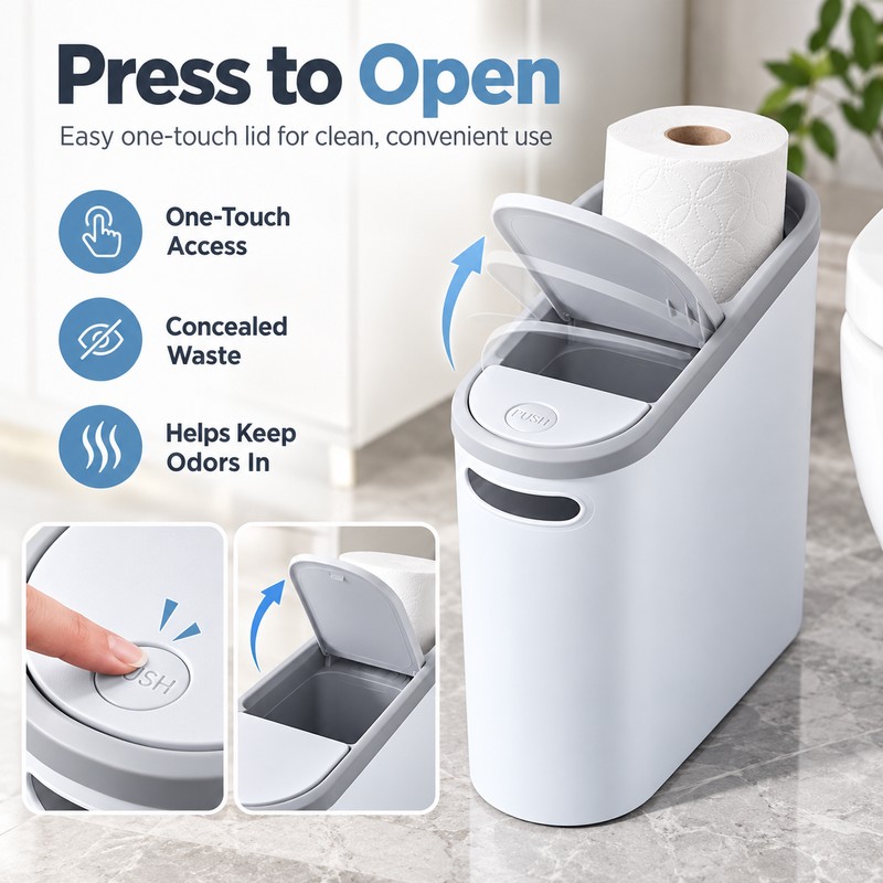 Slim Trash Can with Press-Top Lid for Small Spaces –
