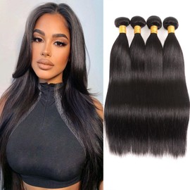 Huarisi Human Hair Straight Bundles 12 14 16 18 inch, 4 Bundles Straight Weaves, 10A Unprocessed Remy Human Hair Bundles Extensions for Full Head