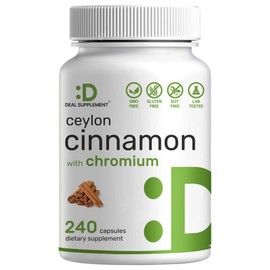 Ceylon Cinnamon 6,000mg with Chromium 1,000mcg Per Serving, 240 Capsules –Active Inner Bark Extract – True Sri Lanka Source – Natural Cinnamon Supplements– Non-GMO