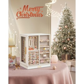 SONGMICS Jewelry Box 360° Rotating, Jewelry Storage Case with 5 Drawers, Jewelry Organizer, Glass Window, Spacious, Vertical Jewelry Storage, Open Design, Christmas Gift, Cloud White UJBC170W01