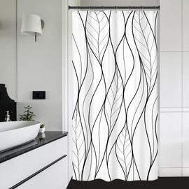 Riyidecor Small Stall RV Black White Leaves Shower Curtain Half Single Boho Abstract Striped Leaf Geometric Modern Simple Cool 36Wx72H Inch Man Fabric Decor Bathroom Polyester Waterproof 7 Pack Hooks