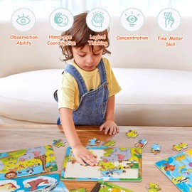 Funsland Wooden Puzzles for Kids 3 4 5 Year Olds - 6 Packs 30 Piece Children Jigsaw, Wooden Jigsaw Dinosaurs, Animals, Fish, Penguins, Spaceship, Infant Fine Motor Skill Montessori Puzzle Toys Gifts