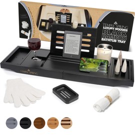 Temple Spring Wooden Bathtub Tray, Bamboo Bathroom Accessories, Bath Tray for Tub, at Home Spa Essentials, Board for Tub Table, Bath Caddy for Bathtub Accessories & Bathroom Essentials – Black