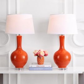 Safavieh Lighting Collection Blanche Orange Gourd Ceramic 32-inch Bedroom Living Room Home Office Desk Nightstand Table Lamp (Set of 2) - LED Bulbs Included