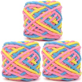 Chunky Chenille Yarn for Crocheting,Rainbow Fluffy Velvet Plush Thick Soft Chunky Chenille Baby Blanket Yarn for Crocheting Knitting Beginners 3 * 100g(Pink Yellow Blue)