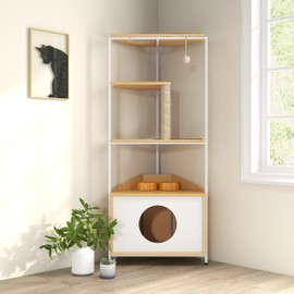 Heemab Corner Cat Tower with Scratching Post and Multi-Level Platforms, Space-Saving Indoor Pet Furniture, White and Light Oak