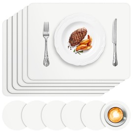 APLKER Vinyl Placemats Set of 6, Heat Resistant Dining Table Placemats Waterproof Washable Wipeable Faux Leather Place Mats and Coasters for Kitchen, Dining, Party & Outdoor (White)