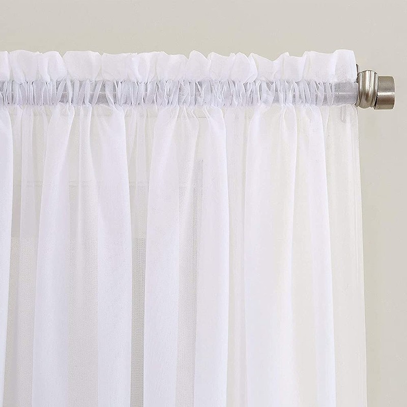 ANCLLO 3 Panels White Crushed Texture Sheer Voile Beaded Rod