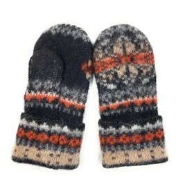 Warm Women Knit Mittens 100% Icelandic Wool Fleece Lined by Freyja Canada, Black, Orange, Grey, One Size