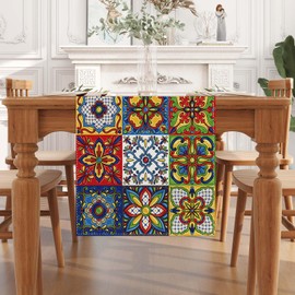 Jiudungs Linen Mexican Talavera Ceramic Tile Table Runner 72 Inches Long Mexican Fiesta Tablecloth Cinco De Mayo Party Decoration and Supplies for Table