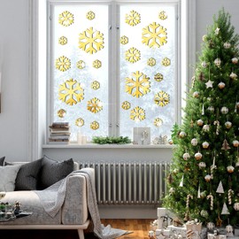 Gersoniel 30 Pieces Winter Snowflakes Stickers Acrylic 3D Mirror Wall Sticker Decal Adhesive Removable Snowflakes Wall Decor for Winter Theme DIY Supplies(Gold)