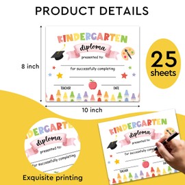 25 Kindergarten Diploma, Colorful Kindergarten Graduation Award Certificate, Preschool Diploma Certificates for Kids, Students Teachers Preschool Graduation Supplies, 8x10 Inches - M379