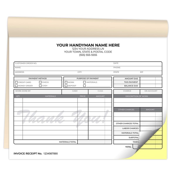 Custom Printed 8.5 x 7 inches Carbonless Handyman Invoice Receipt