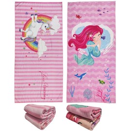 stampringt Extra Large Cute Pink Stripe Unicorn Mermaid Beach Towels Set of 2 Pack, Big Oversized Thick Microfiber Terry Cloth Two Person Sandproof Quick Dry 30 x 60 ﻿