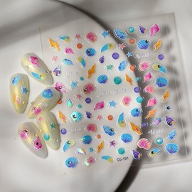 Shell Light Colorful Starfish Nail Stickers Cute Crystal Diamond Design 5D Self Adhesive Marine Life Nail Art Decals Summer Sea Theme Nail Supplies for Women Manicure Decor