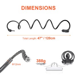 GRIFEMA GAK1203-12 Bicycle Lock Anti-Theft Cable Lock with 5 Digit Combination for Bicycles, Motorcycles, Scooters, 120 cm, Black