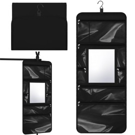 SilTriangle Hanging Toiletry Bag with Mirror Travel Foldable Beauty Bag Dance Bag with Mirror Backstage Cosmetic Bag Foldable Makeup Storage Organizer for Traveling Dancers Artists Home Spa (Black)
