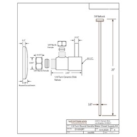 Westbrass A105QRT-62 5/8" x 3/8" OD x 20" Flat Head Toilet Supply Line Riser Kit with Round Handle 1/4-Turn Angle Stop, Matte Black