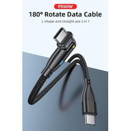 Aporia - PD 60 Watt Type C to C USB Cable Fast Charging Data Transfer 180 Degree Rotating Right Angle Head (Black, 6ft)