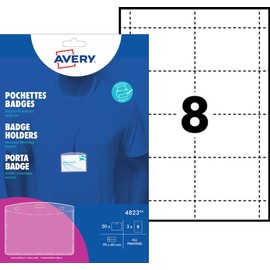 Avery 4823 Plastic Badge Pockets x 20 with Printable Badge Inserts 90 x 60 mm (8 Badges per Sheet x 3 Sheets)