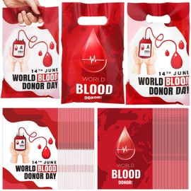 Kolldenn 50 Pcs World Blood Donor Day Gift Bags Bulk Red Blood Drop Stethoscope Plastic Goodie Bags with Handles Celebration Donation Gifts Charity Party Supplies for Women Men