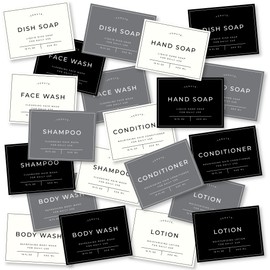 Verute Waterproof Labels for Amber Glass Soap Dispenser and Plastic Bottles 3.15"x2.35" Peel & Stick - Kitchen, Bathroom & Shower Set - 21 Pieces (White, Gray, Black)