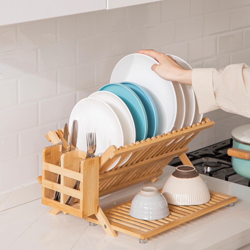 HBlife Bamboo Dish Drying Rack with Utensil Holder, 3-Tier Large