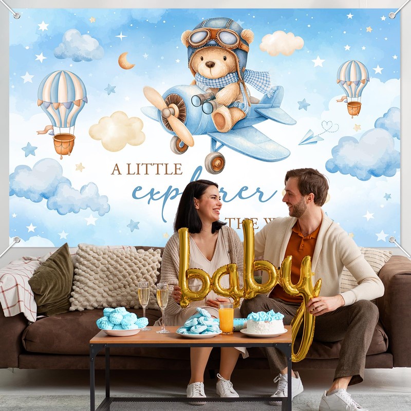Mocsicka Airplane Baby Shower Decorations Banner Hot Air Balloons Little
