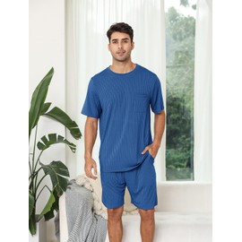 EISHOPEER Mens Pajama Set Knit Short Sleeve Round Neck 2 Piece Nightwear Shorts with Pockets Summer Sleepwear PJS for Men Peacock BlueSmall