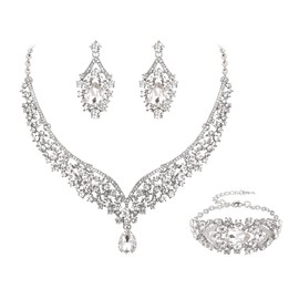 Ever Faith Wedding Jewelry for Bride Austrian Crystal Elegant V-Shaped Statement Teardrop Necklace Earrings Bracelet Set Clear Silver-Tone