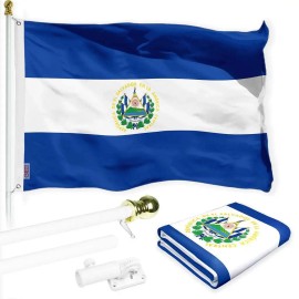 UD_G128 Combo Pack: 6 Ft Tangle Free Spinning Flagpole (White) & El Salvador Flag 3x5 Ft Printed 150D Polyester, Brass Grommets