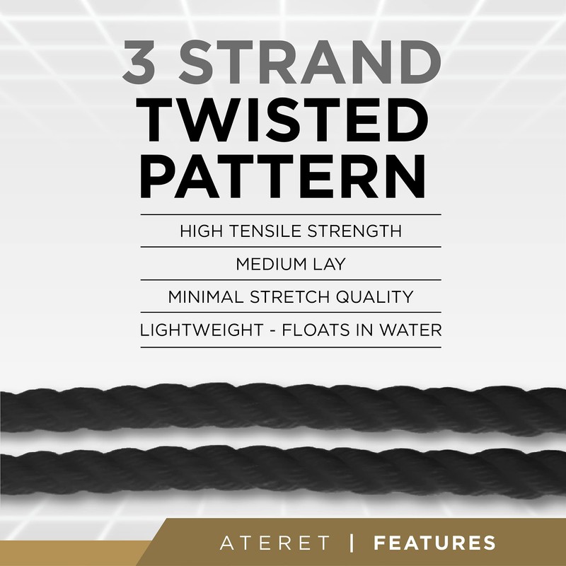ATERET Twisted 3-Strand Black Polypropylene Rope Monofilament I 5/16" x