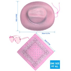JICASTO Cowboy Hat Pink Cowgirl Hat with Sequins & Tiara Crown for Women Rodeo Party Hats with Heart Glasses (Felt, Pink)