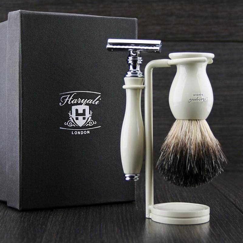 Shaving Gift Set with Shaver, Black Badger Brush and Stand,