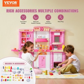 VEVOR Kids Kitchen Playset - 74 Piece Pretend Cooking Toy, Interactive Pink Kitchen fo - 3 in 1