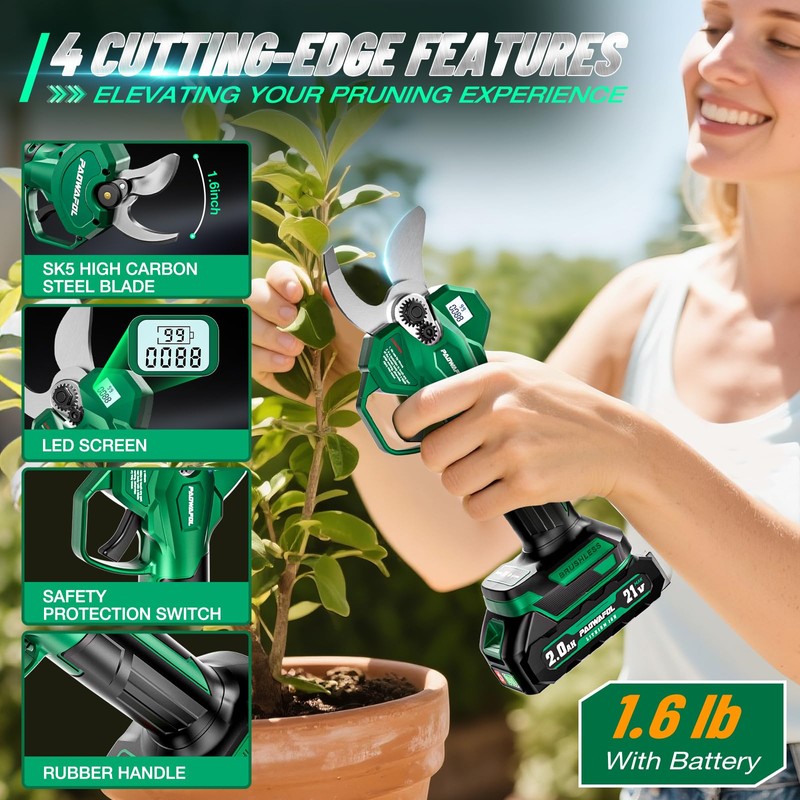 Electric Pruning Shears, 1.6 inch (41mm) Cutting Diameter Cordless Electric