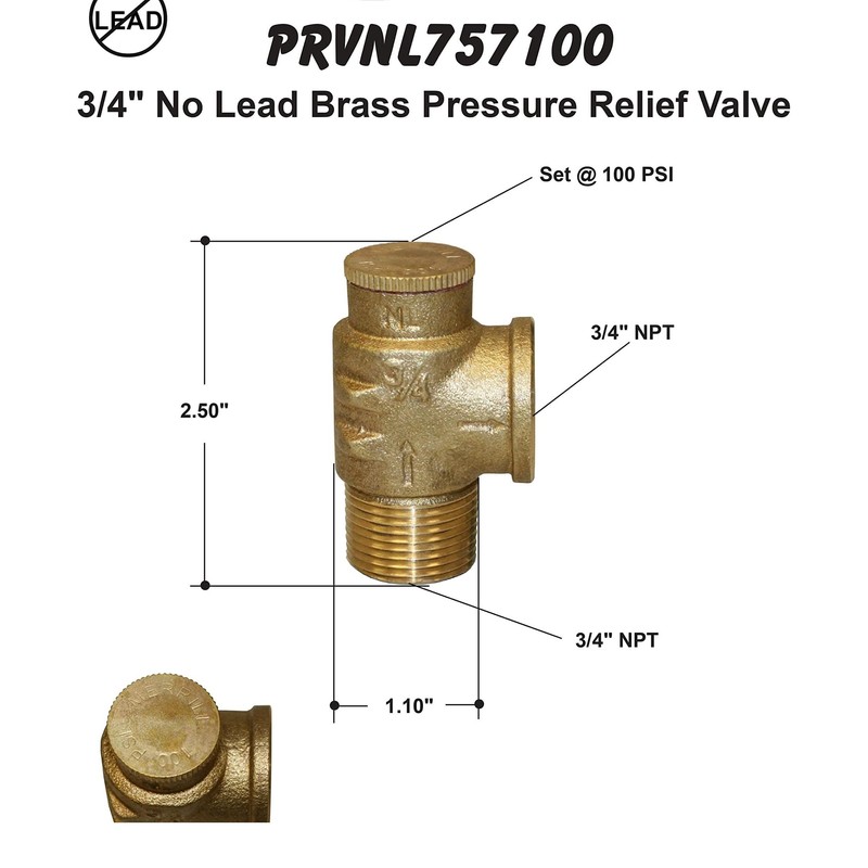 Merrill MFG PRVNL757100 3/4" No-Lead Pressure Relief Valve, 100 PSI